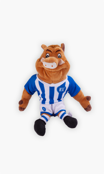 KSC Plüschfigur, Blau-Weiß, Außen EF-Velboa (Softplüsch), Füllung: 100% R-PET Polyesterwatte, Maße: ca. 30 cm, Willi Wildpark, Mit KSC-Trikot und der Rückennummer 94