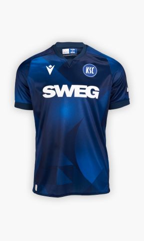 KSC Trikot Ausweich 25-26 Kids, Stahlblau, 100% Polyester, glänzender Stoff, hellere und dunklere Farbverläufe in stahlblauen Farben,  KSC-Logo, "Meine Heimat." Schriftzug gestickt im Nacken, Rückennummer im Retro-Stil