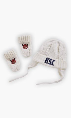 KSC Beanie-Handschuhset Baby, Weiß, Außen: 100 % Acryl, Futter: 100 % Polyester, Set aus Strick‑Beanie und passenden Fäustlingen, Fäustlinge mit Stickerei von Willi Wildpark, Mütze mit Bindebändern für sicheren Halt