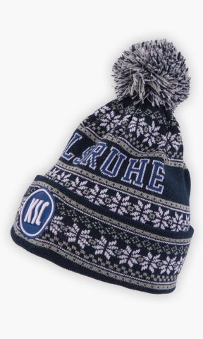 KSC Beanie, Navyblau-Grau, Weiß, 100 % Acrylic, winter, schneeflocken-Design, aufgestickte KSC-Logo, Kalrsruhe-Schriftzug, Umschlagrand