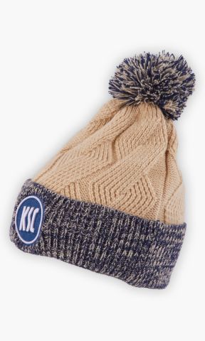 KSC Beanie, Cremefarben-Blau, 100 % Acryl, aufgesticktes KSC-Logo, Bommel, Umschlagrand