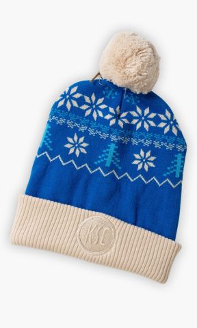 KSC Beanie, Blau-Weiß, 100 % Bio-Baumwolle, X-Mas Kollektion 2025, Weihnachtliches Muster mit Rentieren, Schneeflocken und Tannen