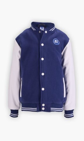 KSC College Jacke kids, 100 % Polyester, Klassischer College-Look in Navyblau mit Ärmeln in Weiß, Gestickter KSC-Schriftzug in auf der Rückseite, Gerippte Bündchen an Kragen, Ärmeln und Saum, Druckknopfleiste auf der Vorderseite, zwei Seitentaschen
