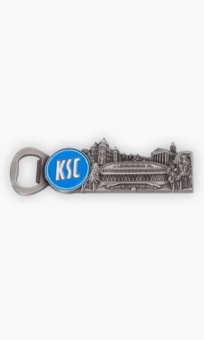 KSC Flaschenöffner Magnet, Silber, Blau-Weiß, 12,6 x 4 cm, 3D-Design mit Sehenswürdigkeiten von Karlsruhe, Stadtkirche, dem Schloss Gottesaue und unserem BBBank Wildpark, magnetisch