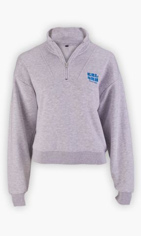 KSC Half Zip Pullover Ladies, Grau, 80 % Baumwolle, 20 % Polyester, 320g m2, Halber Reißverschluss am Kragen, Blauer „KRLSRH SINCE 1894"-Print, Gerippte Bündchen und Saum für optimale Passform