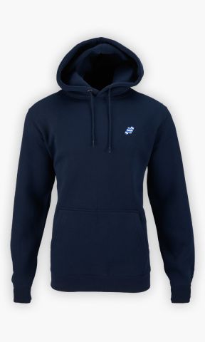 KSC Hoodie, Navyblau, 60 % Baumwolle, 40 % Polyester, aufgestickter Balkenschal in Blau-Weiß, Stickerei mit KSC-Schriftzug an Ärmel, Kängurutasche, Kapuze mit Kordelzug