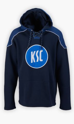 KSC Hoodie, Navyblau, Weiß, 60 % Baumwolle, 40 % Polyester, Großes, auffälliges KSC-Logo auf der Vorderseite, Lace-Up-Kapuze mit Kordelzug, Schulterpartien in Navyblau mit weißen Details