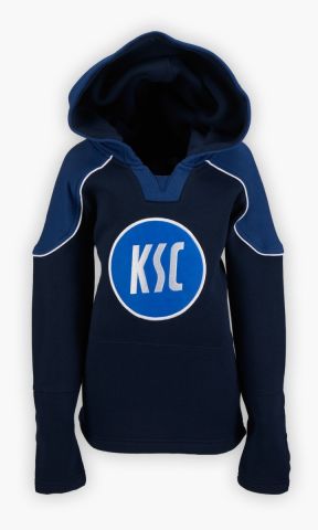 KSC Hoodie Kids, Navyblau, Weiß, 60 % Baumwolle, 40 % Polyester, Großes, auffälliges KSC-Logo auf der Vorderseite, Lace-Up-Kapuze mit Kordelzug, Schulterpartien in Navyblau mit weißen Details