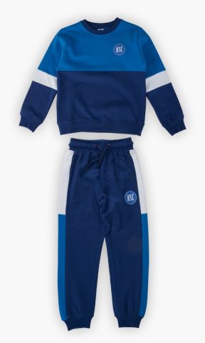 KSC Jogging Sweatset, Blau-Weiß, 100 % Baumwolle, set aus Sweatshirt und Jogginghose, Elastische Bündchen mit Kordelzug, Mit aufgedrucktem KSC-Logo auf Oberteil und Hose, Colorblock-Design in Blau-Weiß