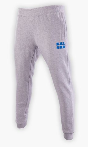 KSC Jogginghose Ladies, Grau, 80 % Baumwolle, 20 % Polyester, 320g m2, Elastischer Bund mit Kordelzug, Rippbündchen an den Beinabschlüssen, Seitentaschen + Gesäßtasche, Auffälliger KRL SRH-Druck in Blau