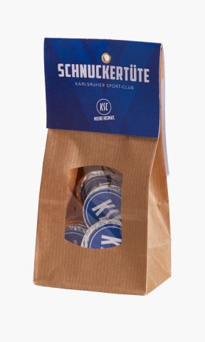 KSC Schnuckertüte, Blau-Weiß, Vollmilchschokolade, Schokotaler, 95g, Mit aufgedrucktem KSC‑Logo auf jedem Schokotaler, Handliche Tüte – perfekt für unterwegs