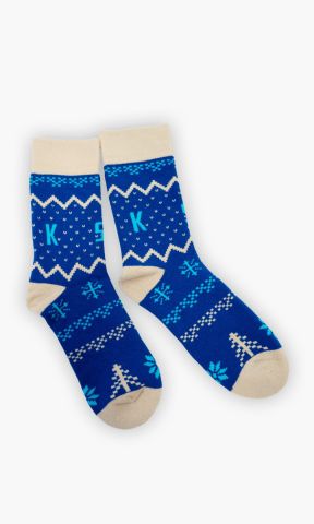 KSC Socken, Blau-Weiß, 100 % Bio-Baumwolle, X-Mas Kollektion 2025, Weihnachtliches Muster mit Tannen und Schneeflocken, Rippbündchen