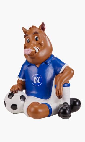 KSC Spardose, Braun, Blau-Weiß, 100% Polyresin, Spardose in Form von Willi Wildpark, Sitzende Figur mit KSC‑Trikot und Fussball, Münzeinwurf auf der Rückseite
