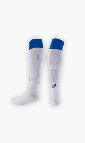 KSC Stutzen Auswärts 25-26, Weiß, 80% Nylon, 15% Baumwolle, 5% Elasthan, atmungsaktives Material, KSC-Schriftzug, Verstärkung an Ferse und Zehen