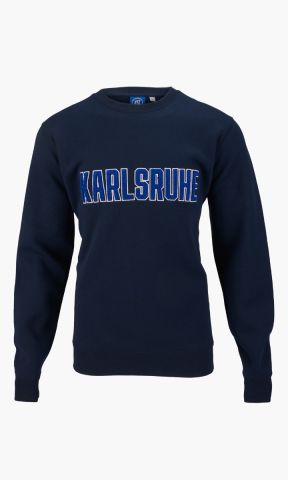 KSC Sweater, Navyblau, 60% Baumwolle, 40% Polyester, Rundhalsausschnitt, Großflächiger „Karlsruhe“-Schriftzug aus kuscheligem Teddystoff, Elastische Bündchen an Ärmeln und Saum