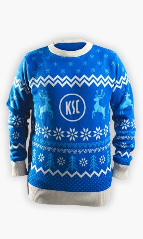 KSC Sweater, Blau-Weiß, 100 % Bio-Baumwolle, X-Mas Kollektion 2025, Weihnachtliches Muster mit Rentieren, Schneeflocken und Tannen, Rundhalsausschnitt