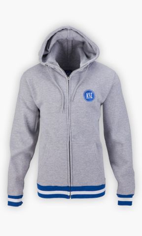 KSC Sweatjacke, Grau, 60 % Baumwolle, 40 % Polyester, KSC-Logo auf der Brust, Durchgehender Rei&szlig;verschluss, Kapuze mit Kordelzug, B&uuml;ndchen in Blau-Wei&szlig; an Saum und &Auml;rmeln