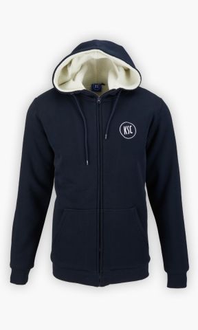 KSC Sweatjacke, Navyblau, 60 % Baumwolle, 40 % Polyester, Innenfutter: 100 % Polyester, Dezente Konturenstickerei des KSC-Logos, Kapuze mit Kordelzug, Weiches Innenfutter in Cremefarben, Praktischer Frontreißverschluss, Taschen auf der Vorderseite