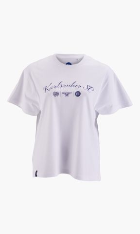 KSC T-Shirt, Weiß, 100% Baumwolle, Ladies, Weißes T‑Shirt mit elegantem Schreibschrift‑Print, „Karlsruher SC“ in geschwungenem Lettering, Zusätzliche alle Logos unserer Geschichte, Weiche, angenehm zu tragende Baumwollqualität