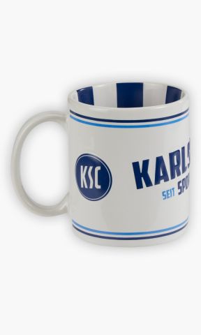 KSC Tasse, Weiß, 100% Keramik, Weiß mit blauen Streifen, Vertikale Blau-Weiße Streifen in der Innenseite, „Karlsruher Sport-Club“-Schriftzug in Blau, KSC-Logo und Gründungsjahr „1894“, Robust und ideal für Heißgetränke