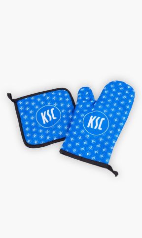 KSC Topflappenset 2-teilig, Blau Weiß, mit Ofenhandschuh und Topflappen, Alloverprint mit KSC-Logo, hitzebeständig, Aufhängeschlaufe
