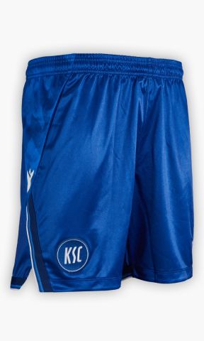 KSC Trikothose Heim 25-26, Blau-Weiß, 100% Polyester, glänzender Stoffelastischer Bund, KSC-Logo gestickt, Muster aus Dreiecken und Pfeilen seitlich