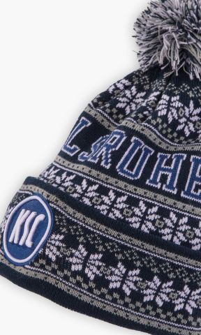 KSC Beanie, Navyblau-Grau, Weiß, 100 % Acrylic, winter, schneeflocken-Design, aufgestickte KSC-Logo, Kalrsruhe-Schriftzug, Umschlagrand