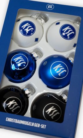 KSC Christbaumkugeln, Blau-Weiß, Schwarz, sechsteiliges Set, Hochwertige, glänzende und matte Oberflächen, jeweils mit dem KSC-Logo verziert