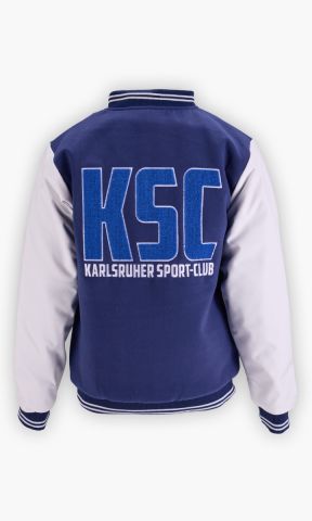 KSC College Jacke, 100 % Polyester, Klassischer College-Look in Navyblau mit Ärmeln in Weiß, Gestickter KSC-Schriftzug in auf der Rückseite, Gerippte Bündchen an Kragen, Ärmeln und Saum, Druckknopfleiste auf der Vorderseite, zwei Seitentaschen