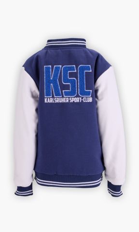 KSC College Jacke kids, 100 % Polyester, Klassischer College-Look in Navyblau mit Ärmeln in Weiß, Gestickter KSC-Schriftzug in auf der Rückseite, Gerippte Bündchen an Kragen, Ärmeln und Saum, Druckknopfleiste auf der Vorderseite, zwei Seitentaschen