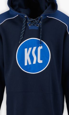 KSC Hoodie, Navyblau, Weiß, 60 % Baumwolle, 40 % Polyester, Großes, auffälliges KSC-Logo auf der Vorderseite, Lace-Up-Kapuze mit Kordelzug, Schulterpartien in Navyblau mit weißen Details