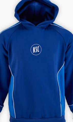 KSC Hoodie, Blau, 80 % Baumwolle aus Biologischer Herkunft, 20 % Polyester, zurück in die 2000er, heller Blauton an Ärmeln und Seiten, KSC-Logo mittig auf der Brust, Kapuze, Retro-Look