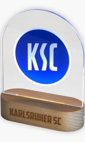 KSC LED Leuchte, Blau-Weiß, Holz, Acryl, Kunststoff, LED-Leuchte mit KSC-Logo, Acrylscheibe mit klarer Lichtkante, Holzsockel mit graviertem „Karlsruher SC“ Schriftzug