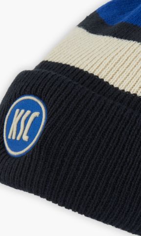KSC Mütze 47 Blau-Weiß, Schwarz, 100 % Polyester, gesticktes KSC-Logo, auf der Vorderseite, Streifendesign, Umschlagrand
