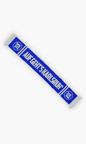 KSC Schal, Blau-Weiß, 98 % Acryl, 2 % Polyamid, ca. 140 x 19 cm, Beidseitiger Schriftzug: ALLEZ KARLSRUH’ & AUF GEHT’S KARLSRUH’, klassische Fransen an beiden Enden, KSC-Logo