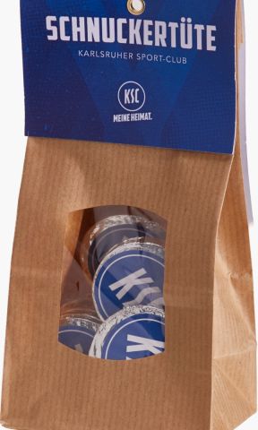KSC Schnuckertüte, Blau-Weiß, Vollmilchschokolade, Schokotaler, 95g, Mit aufgedrucktem KSC‑Logo auf jedem Schokotaler, Handliche Tüte – perfekt für unterwegs