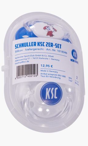 KSC Schnuller, Blau-Weiß, Tritan, Silikon, BPA- und BPS-freies Silikon, 2er‑Set Schnuller mit unterschiedlichen Motiven, Ein Schnuller mit KSC‑Logo, ein Schnuller mit, Willi‑Wildpark‑Motiv, Blau-Weiße und transparente Farbgestaltung, Mit Belüftungslöchern