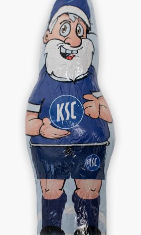 KSC Schoko-Weihnachtsmann, 70g Edelmilchschokolade, Verpackung im typischen KSC-Look mit Blau-Weiß und KSC-Logo