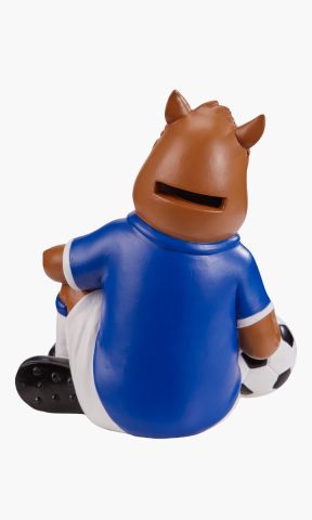 KSC Spardose, Braun, Blau-Weiß, 100% Polyresin, Spardose in Form von Willi Wildpark, Sitzende Figur mit KSC‑Trikot und Fussball, Münzeinwurf auf der Rückseite