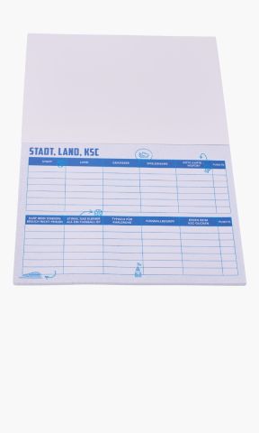 KSC Spiel Stadt, Land, KSC, Blau-Weiß, Papier, Spielblock im KSC‑Design, Kategorienmix aus „Stadt“, „Land“ oder „Gewässer“ sowie vereinsbezogenen Feldern wie „Spielername“, „rote Karte – wofür?“, „Fußballbegriff“ oder „Typisch für Karlsruhe“, Übersichtlic