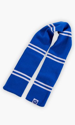 KSC Strickset Kids, Blau-Weiß, 100% Acryl, Set bestehend aus Mütze, Schal und Handschuhen, Design in Blau mit weißen Streifen, Bommelmütze