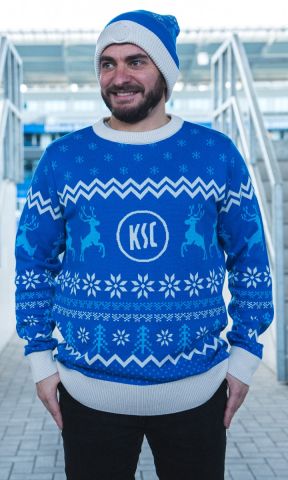 KSC Sweater, Blau-Weiß, 100 % Bio-Baumwolle, X-Mas Kollektion 2025, Weihnachtliches Muster mit Rentieren, Schneeflocken und Tannen, Rundhalsausschnitt