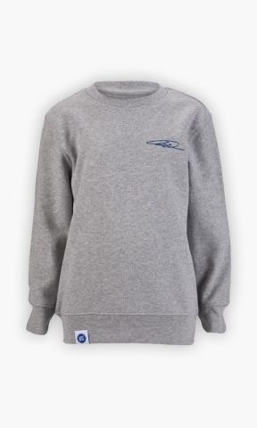 KSC Sweatshirt Kids, Grau, 100 % gekämmte ringgesponnene Bio-Baumwolle, Rückseite Flockdruck KARLSRUHER SC 10 mit Jubelbild und WANITZEK-Schriftzug, aufgedruckte Unterschrift vorne