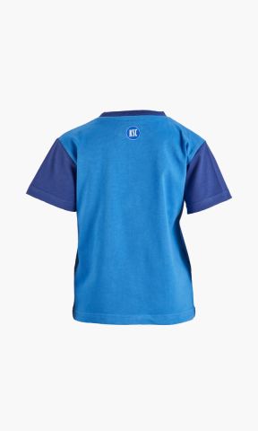 KSC T-Shirt, 100% Baumwolle, hellblau, dunkelblau, Kids, Zweifarbiges Design in Hellblau und Dunkelblau, Dunkelblau an Ärmeln und Rundhalsausschnitt, Breiter weißer Mittelstreifen mit „KARLSRUHER SPORT‑CLUB“, Rundes KSC‑Logo auf der Brust