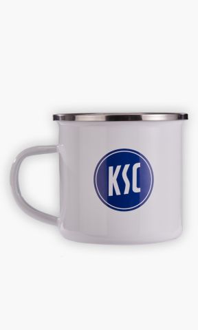 KSC Tasse, Weiß mit silbernem Rand, Emaille, KSC-Logo mit Schriftzug Karlsruher Sport-Club Seit 1894, 0,3 Liter Fassungsvermögen