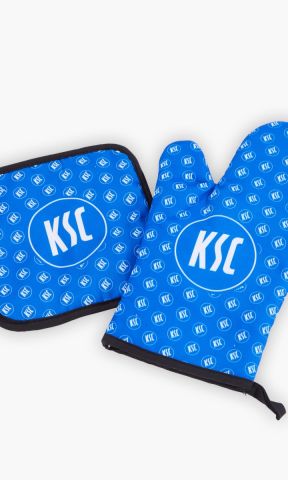 KSC Topflappenset 2-teilig, Blau Weiß, mit Ofenhandschuh und Topflappen, Alloverprint mit KSC-Logo, hitzebeständig, Aufhängeschlaufe
