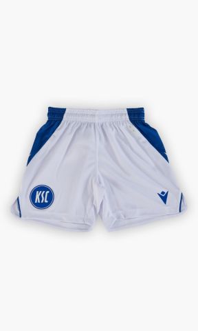 KSC Trikothose Auswärts 25-26, Weiß, 100% Polyester, atmungsaktives Material, texturierter Stoff, elastischer Bund, KSC-Logo gestickt, blaue Seitenstreifen