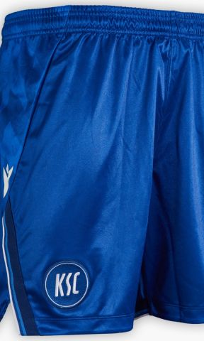 KSC Trikothose Heim 25-26 Kids, Blau-Weiß, 100% Polyester, glänzender Stoffelastischer Bund, KSC-Logo gestickt, Muster aus Dreiecken und Pfeilen seitlich