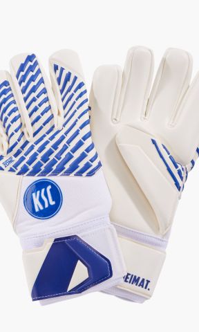 KSC Torwarthandschuhe, Blau-Weiß, 82% Elastodien, 8% Polyester, 6% Polypropylen, 4% Nylon, Design in Blau-Weiß mit KSC Logo, Superweicher Latex für maximalen Grip, Atmungsaktives, angenehmes Textilmaterial, Latex‑Wickelgurt und Vollverband für sicheren Ha