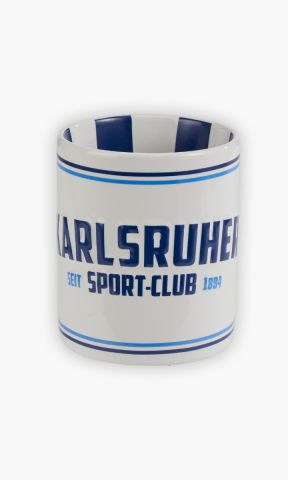 KSC Tasse, Weiß, 100% Keramik, Weiß mit blauen Streifen, Vertikale Blau-Weiße Streifen in der Innenseite, „Karlsruher Sport-Club“-Schriftzug in Blau, KSC-Logo und Gründungsjahr „1894“, Robust und ideal für Heißgetränke